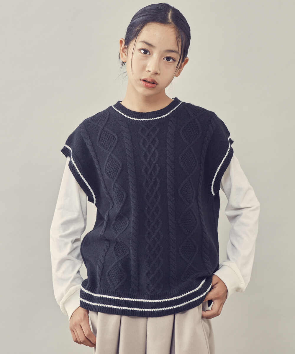 KJFKQ40044 a.v.v KIDS(アー・ヴェ・ヴェ) [140-150]【2点セット】ケーブル編みニットベストセット ブラック