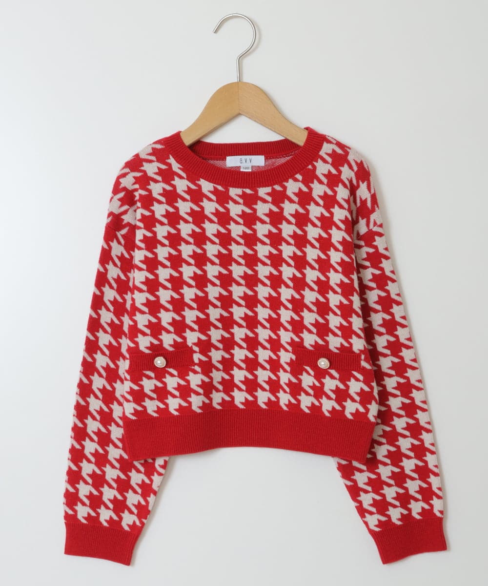 KJFKT42034 a.v.v KIDS(アー・ヴェ・ヴェ) [140-150]千鳥柄ジャカードニットプルオーバー レッド