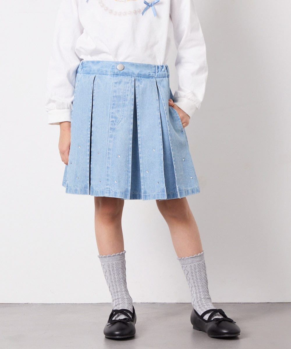 KJHFD30039 a.v.v KIDS(アー・ヴェ・ヴェ) [120-160]ビジューデニムプリーツスカート ライトブルー
