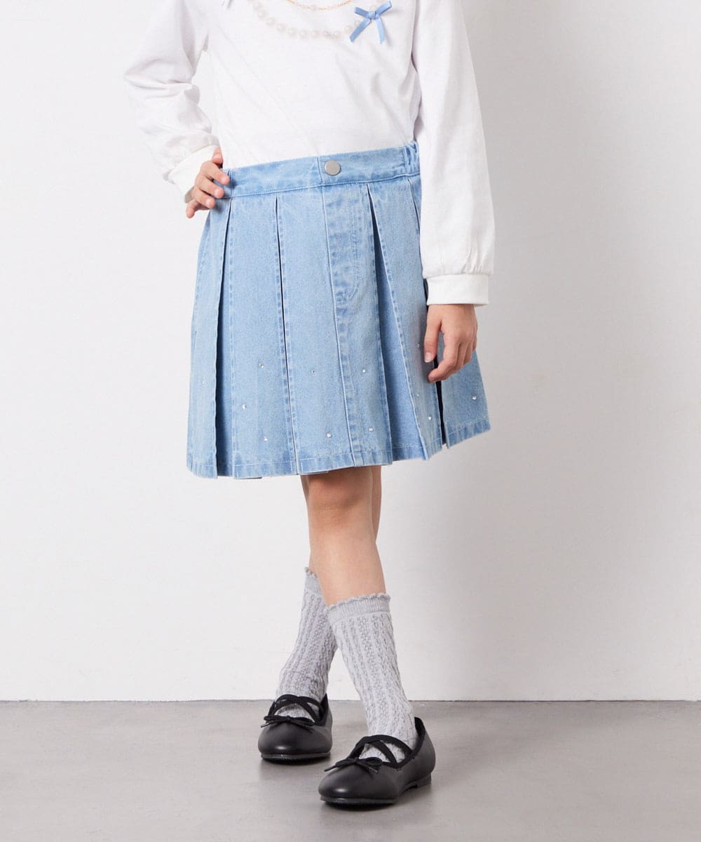 KJHFD30039 a.v.v KIDS(アー・ヴェ・ヴェ) [120-160]ビジューデニムプリーツスカート ライトブルー