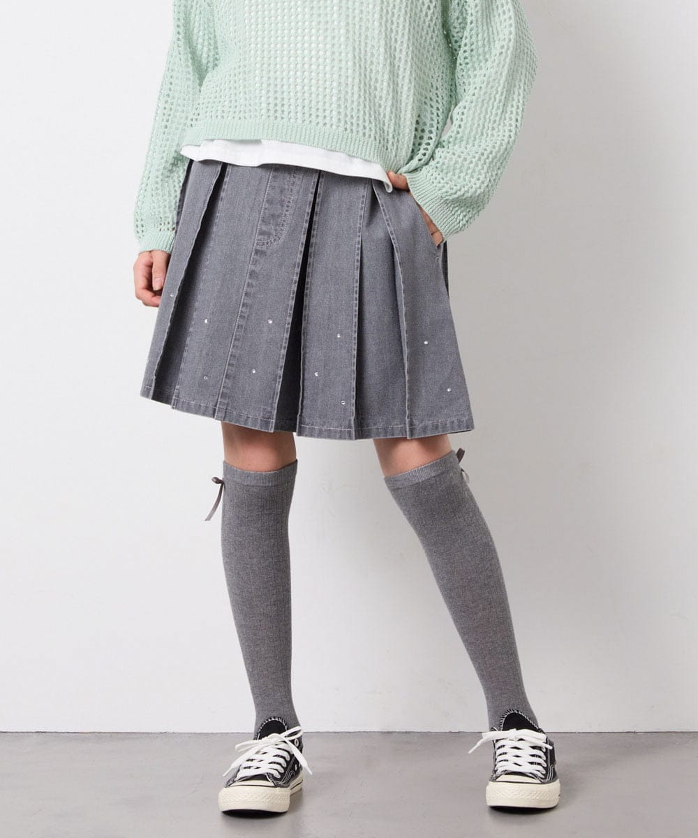 KJHFD30039 a.v.v KIDS(アー・ヴェ・ヴェ) [120-160]ビジューデニムプリーツスカート ライトグレー