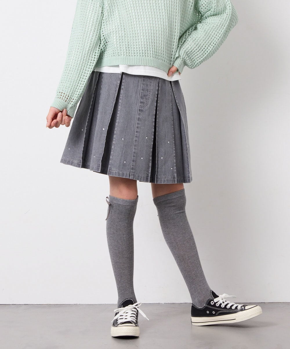 KJHFD30039 a.v.v KIDS(アー・ヴェ・ヴェ) [120-160]ビジューデニムプリーツスカート ライトグレー