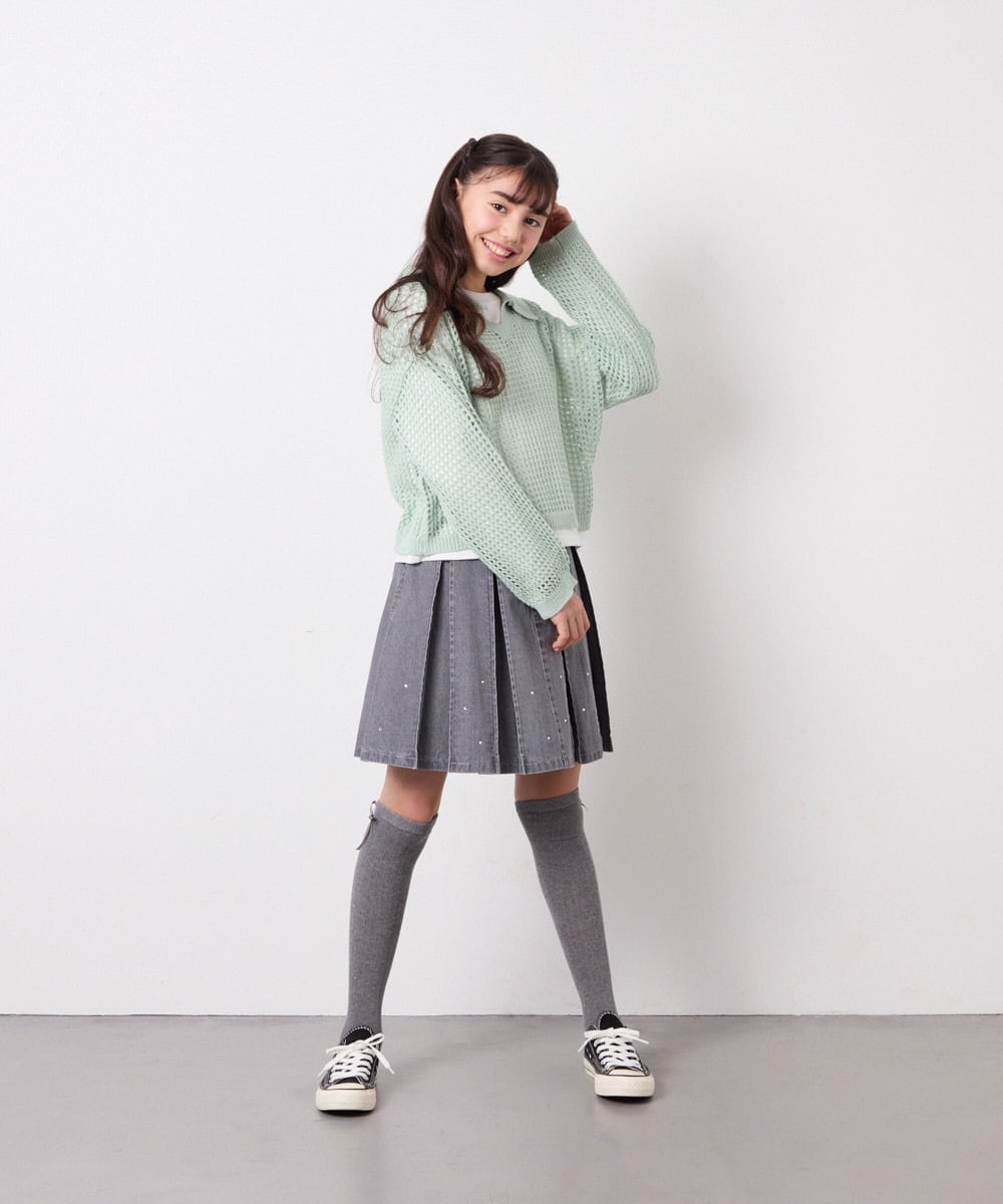 KJHFD30039 a.v.v KIDS(アー・ヴェ・ヴェ) [120-160]ビジューデニムプリーツスカート ライトグレー