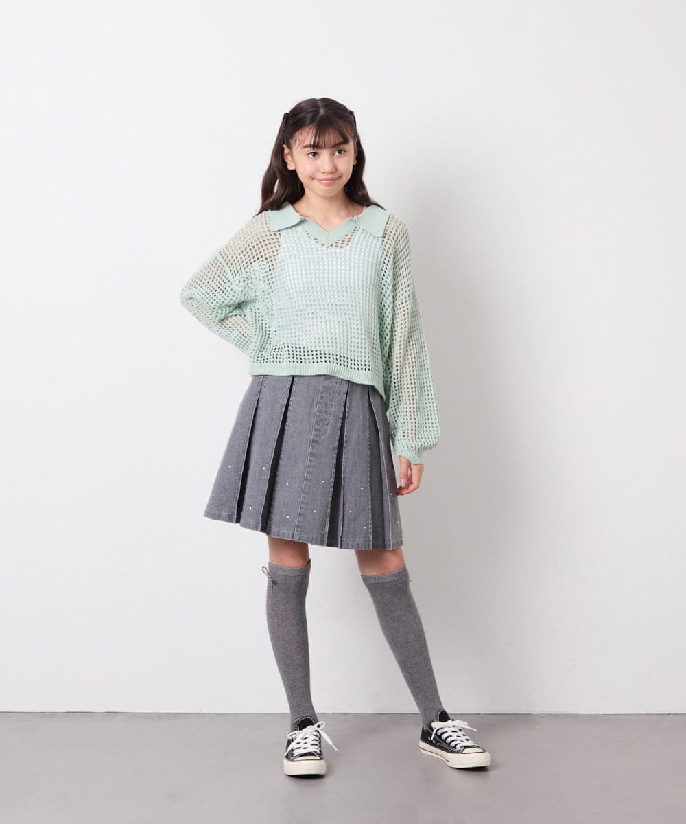 KJHFD30039 a.v.v KIDS(アー・ヴェ・ヴェ) [120-160]ビジューデニムプリーツスカート ライトグレー