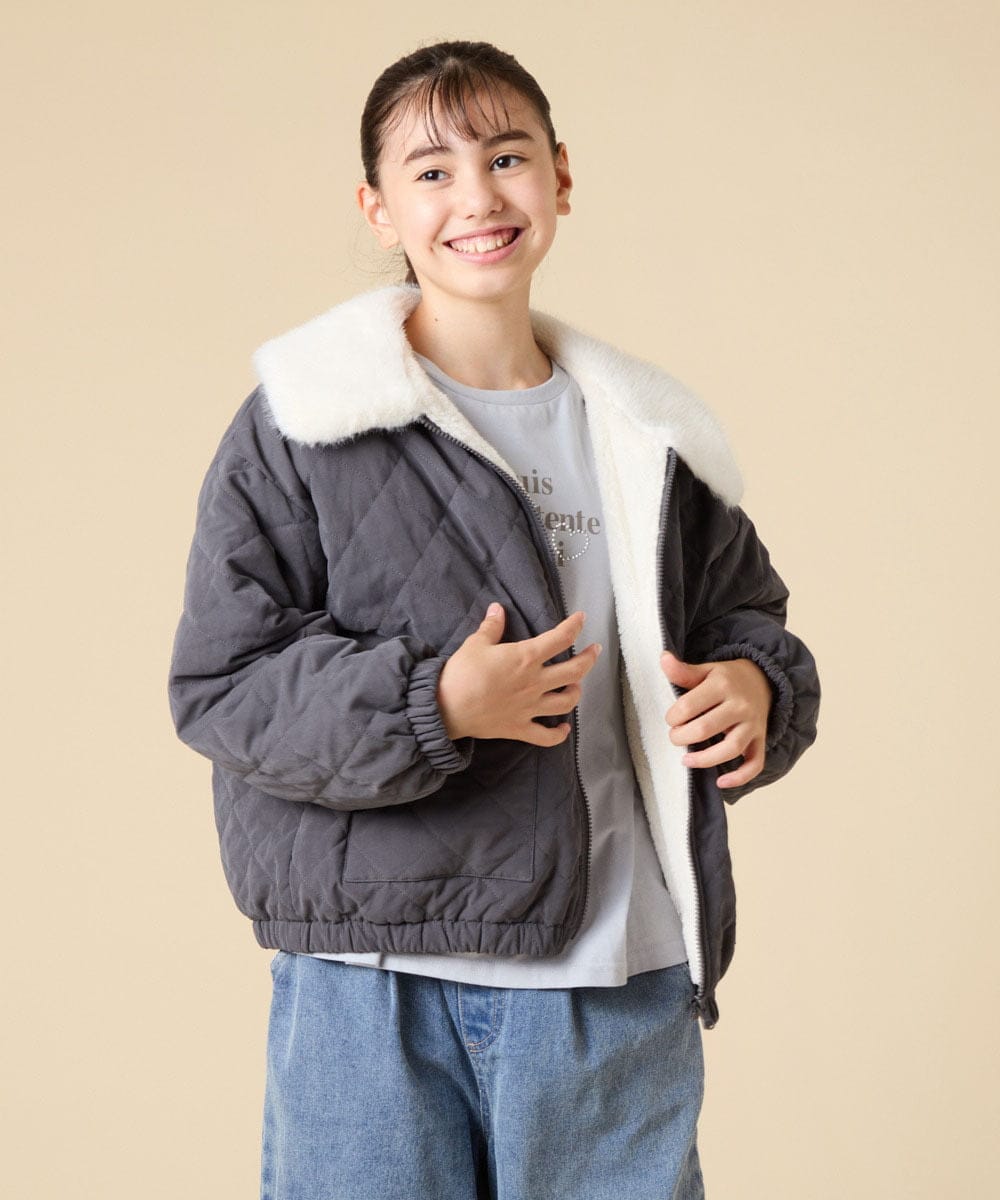 KJJAD03079 a.v.v KIDS(アー・ヴェ・ヴェ) [130-160]【お家で洗える】衿付きキルトボアジャケット アイボリー