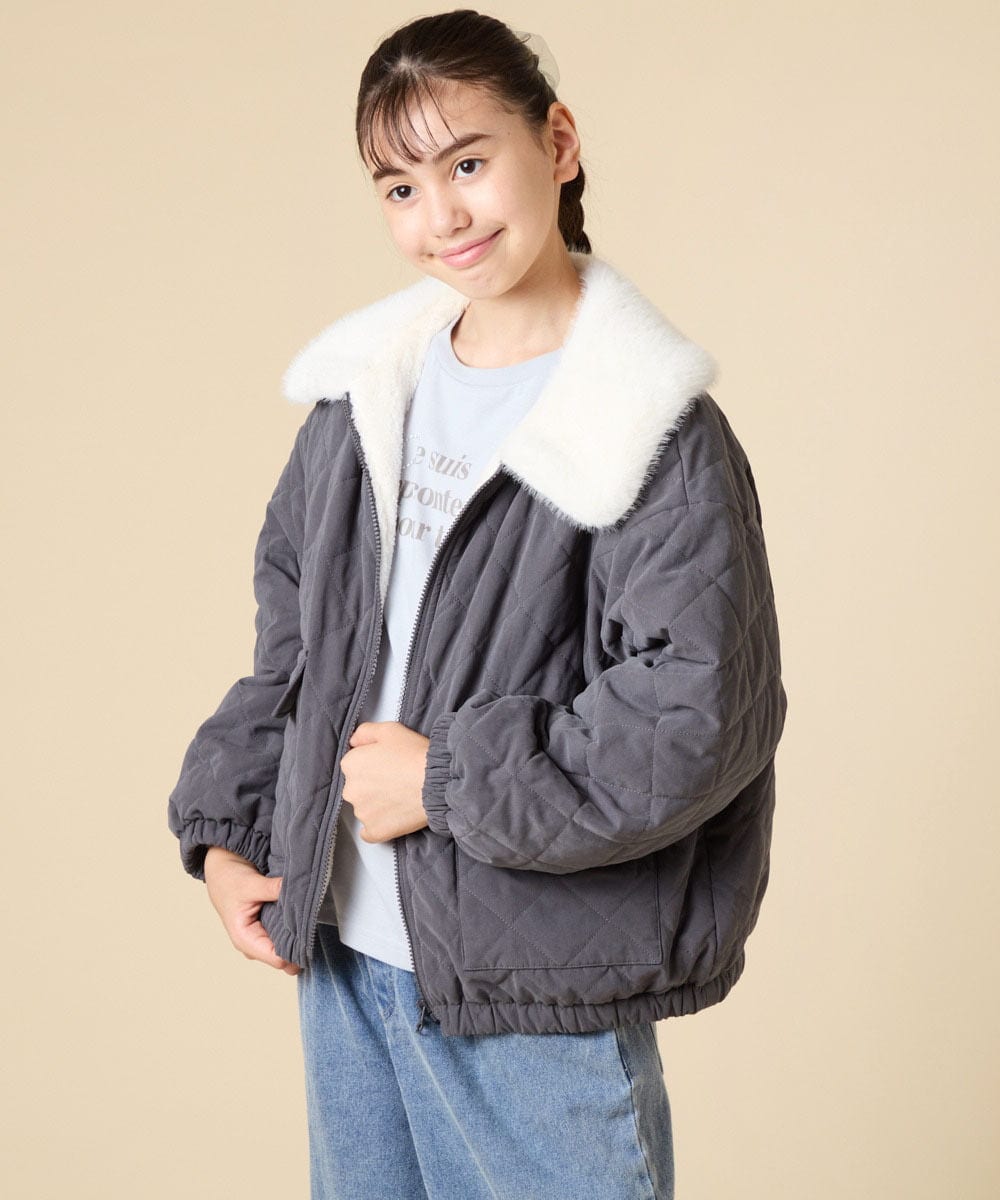 KJJAD03079 a.v.v KIDS(アー・ヴェ・ヴェ) [130-160]【お家で洗える】衿付きキルトボアジャケット アイボリー