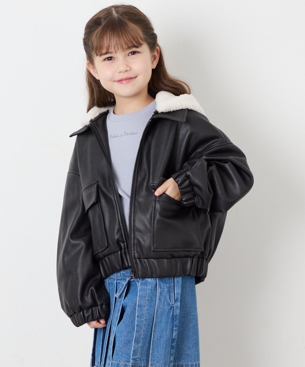 KJJAG02089 a.v.v KIDS(アー・ヴェ・ヴェ) [130-160]【手洗い可/フード取り外し可】フェイクレザーブルゾン ブラック