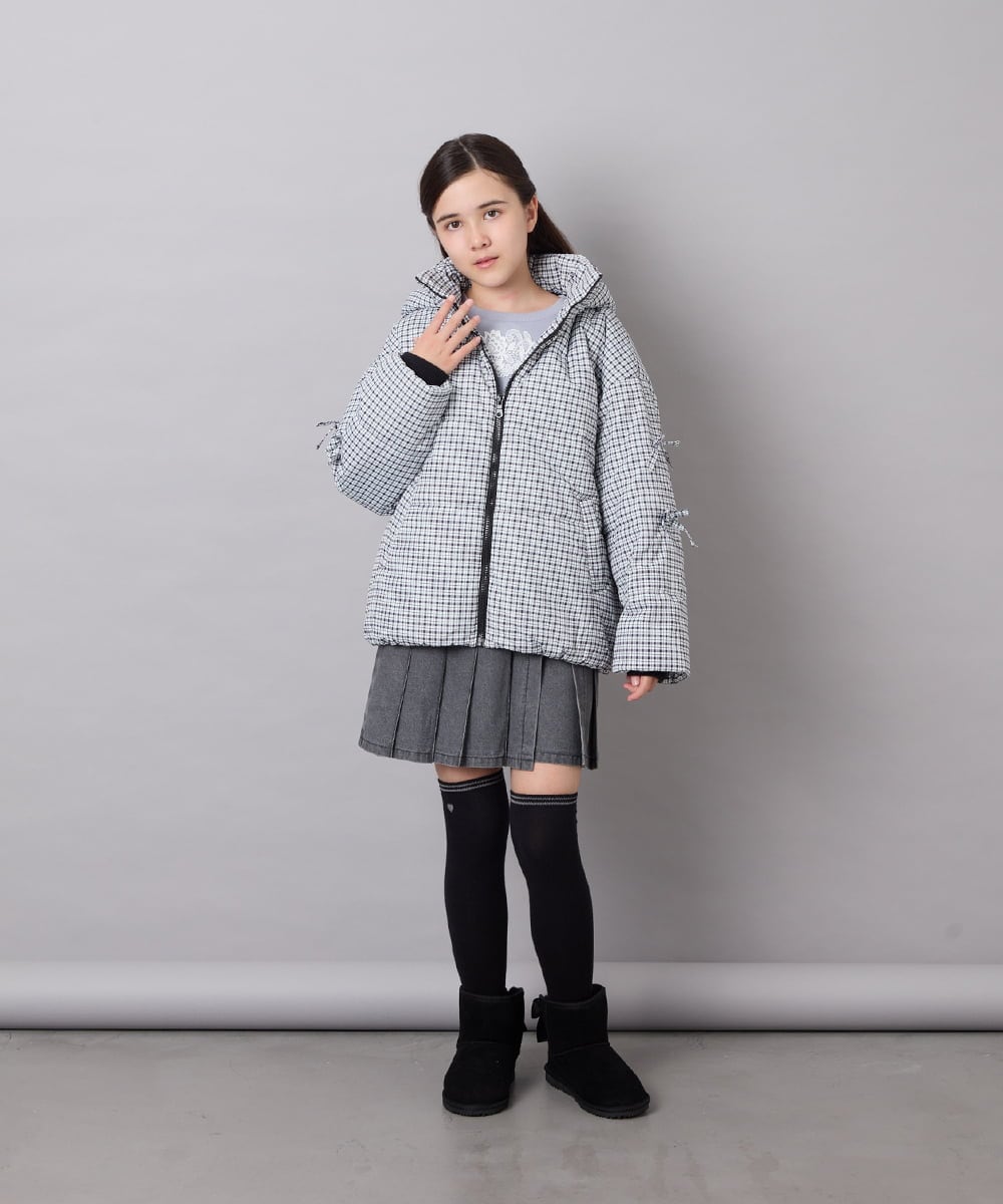 KJJAG47069 a.v.v KIDS(アー・ヴェ・ヴェ) [120-160]【洗える/フード取り外し可】中綿ミドルジャケット アイボリー（ギンガムチェック）