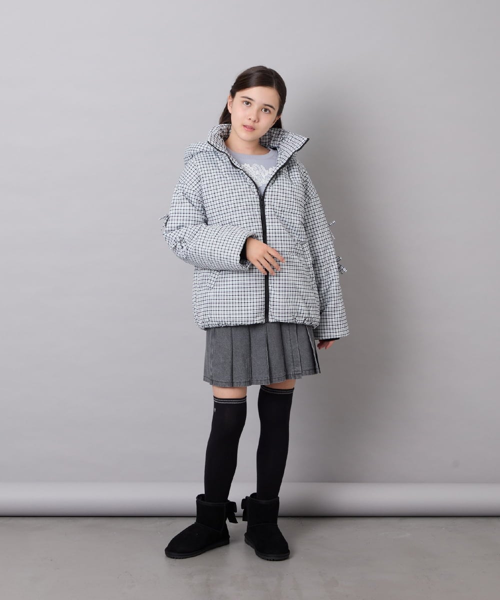 KJJAG47069 a.v.v KIDS(アー・ヴェ・ヴェ) [120-160]【洗える/フード取り外し可】中綿ミドルジャケット アイボリー（ギンガムチェック）
