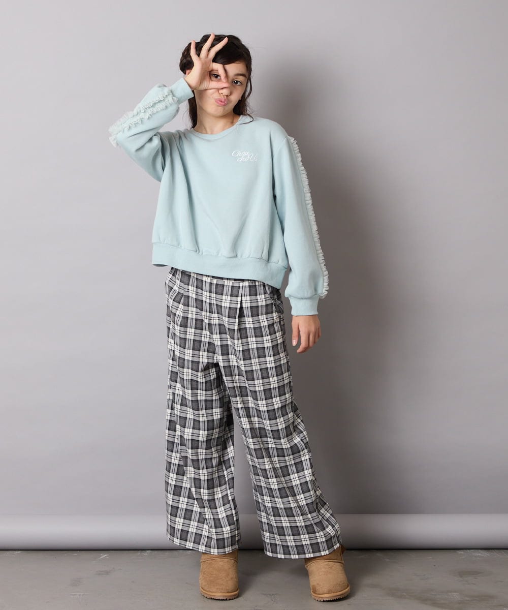 KJKAD50022 a.v.v KIDS(アー・ヴェ・ヴェ) [100-160]【WEB限定商品】【裏起毛】チュールスリーブクロップドトレーナー ダークグレー