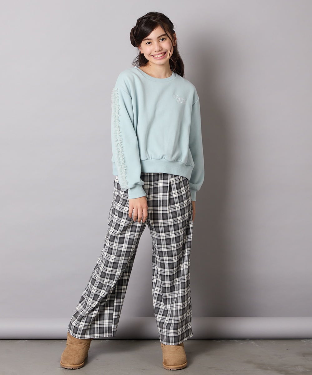 KJKAD50022 a.v.v KIDS(アー・ヴェ・ヴェ) [100-160]【WEB限定商品】【裏起毛】チュールスリーブクロップドトレーナー ダークグレー