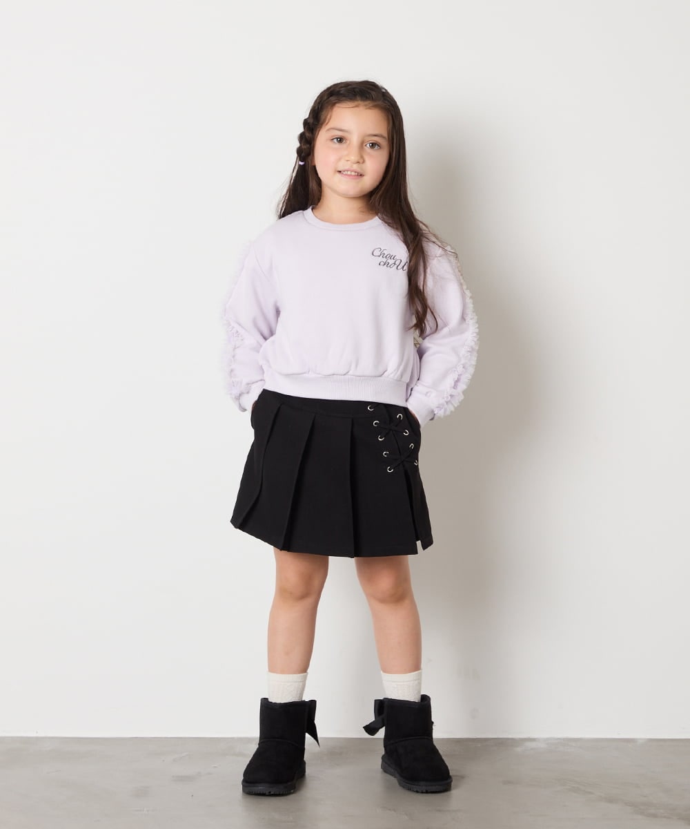 KJKAD50022 a.v.v KIDS(アー・ヴェ・ヴェ) [100-160]【WEB限定商品】【裏起毛】チュールスリーブクロップドトレーナー ダークグレー
