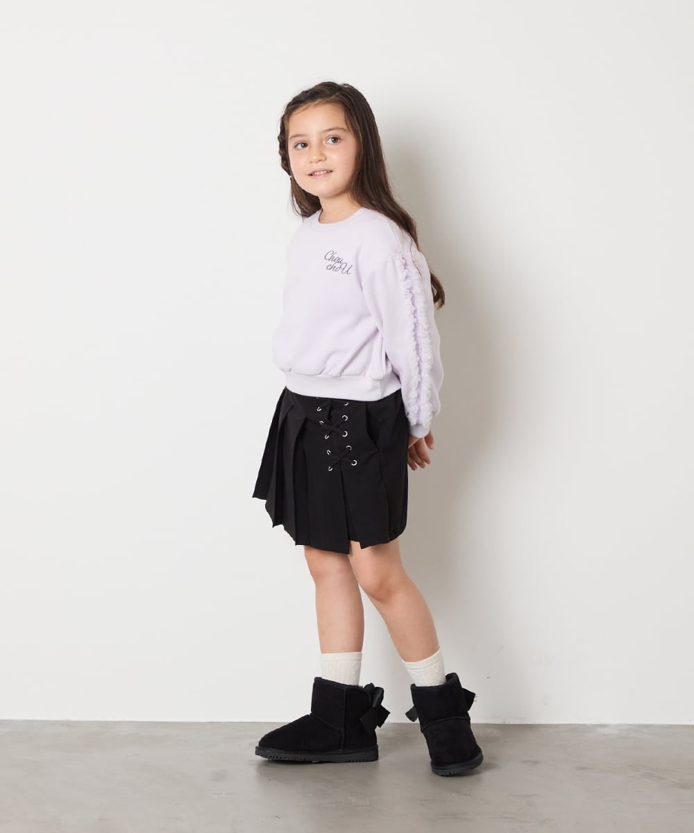 KJKAD50022 a.v.v KIDS(アー・ヴェ・ヴェ) [100-160]【WEB限定商品】【裏起毛】チュールスリーブクロップドトレーナー ダークグレー