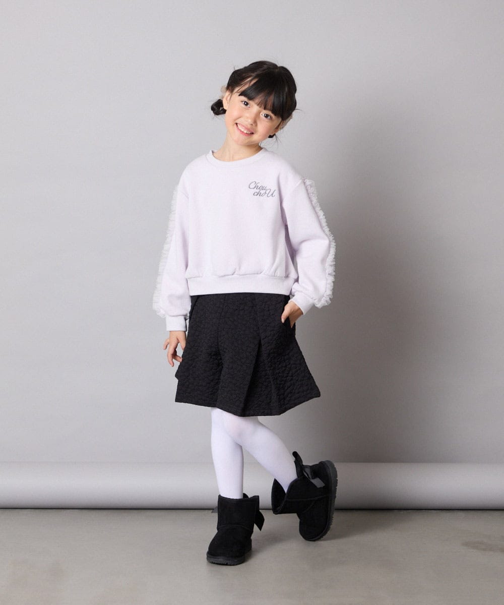 KJKAD50022 a.v.v KIDS(アー・ヴェ・ヴェ) [100-160]【WEB限定商品/裏起毛/チュールフリル/ワンポイント刺繍/クロップド丈】チュールスリーブクロップドトレーナー ダークグレー