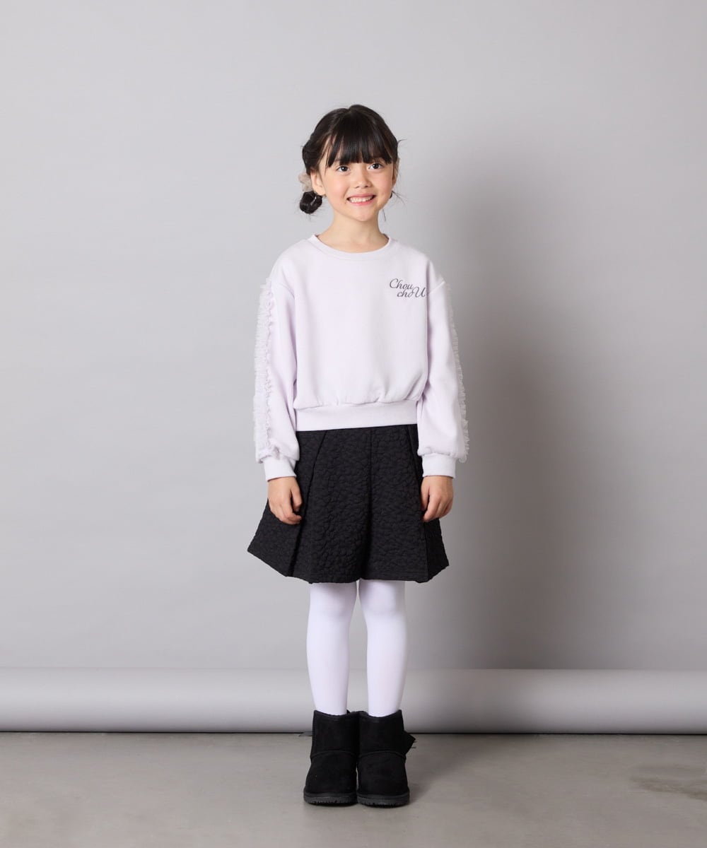 KJKAD50022 a.v.v KIDS(アー・ヴェ・ヴェ) [100-160]【WEB限定商品/裏起毛/チュールフリル/ワンポイント刺繍/クロップド丈】チュールスリーブクロップドトレーナー ダークグレー