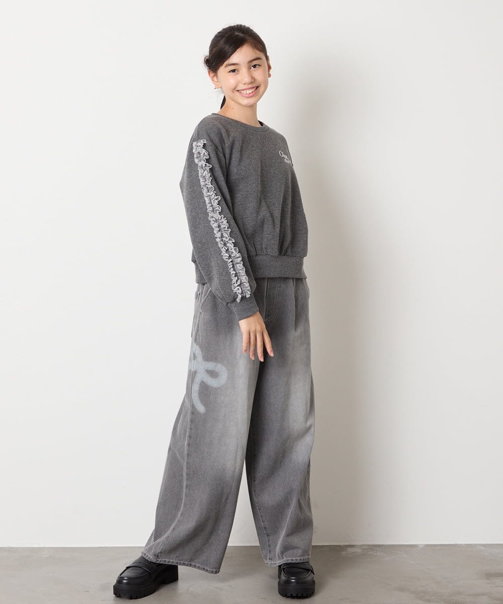 KJKAD50022 a.v.v KIDS(アー・ヴェ・ヴェ) [100-160]【WEB限定商品】【裏起毛】チュールスリーブクロップドトレーナー ダークグレー