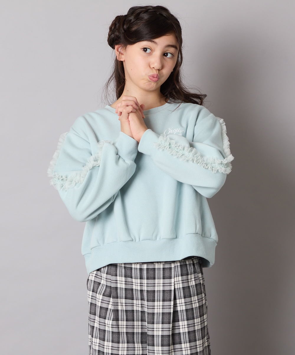 KJKAD50022 a.v.v KIDS(アー・ヴェ・ヴェ) [100-160]【WEB限定商品】【裏起毛】チュールスリーブクロップドトレーナー ダークグレー