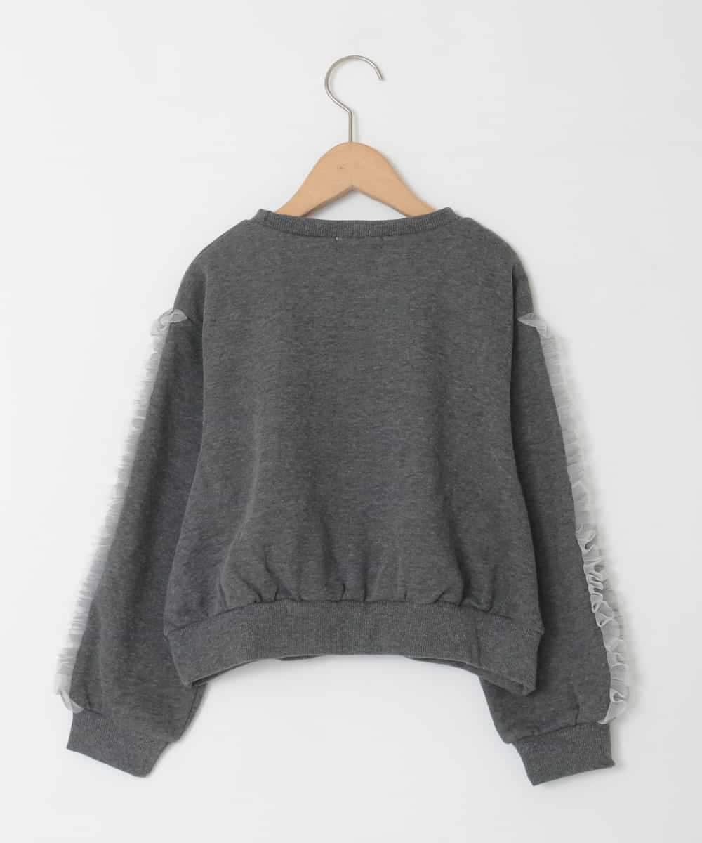 KJKAD50022 a.v.v KIDS(アー・ヴェ・ヴェ) [100-160]【WEB限定商品/裏起毛/チュールフリル/ワンポイント刺繍/クロップド丈】チュールスリーブクロップドトレーナー ダークグレー