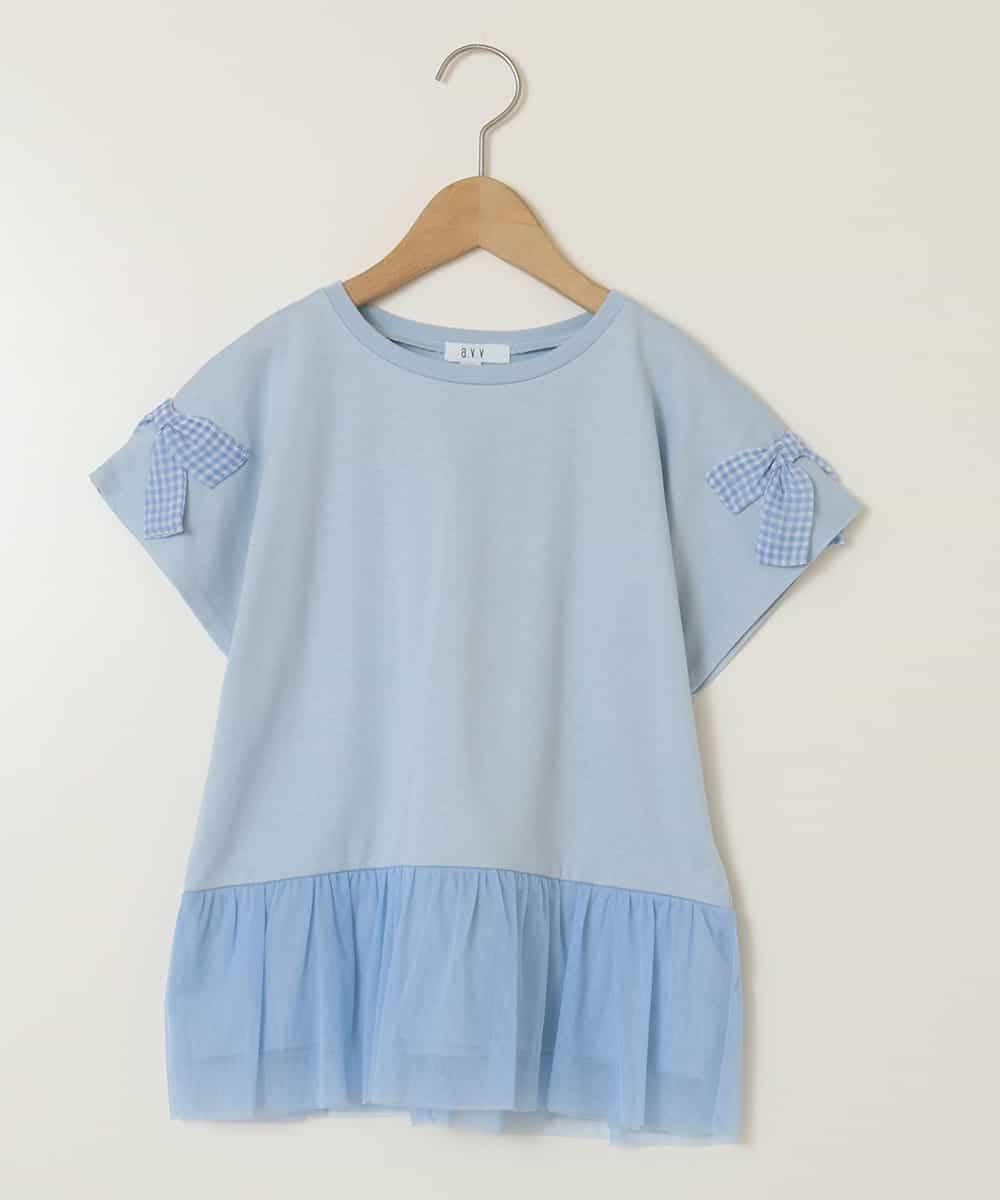 KJKFA06024 a.v.v KIDS(アー・ヴェ・ヴェ) [110-130]チュールドッキングリボンTシャツ ライトブルー