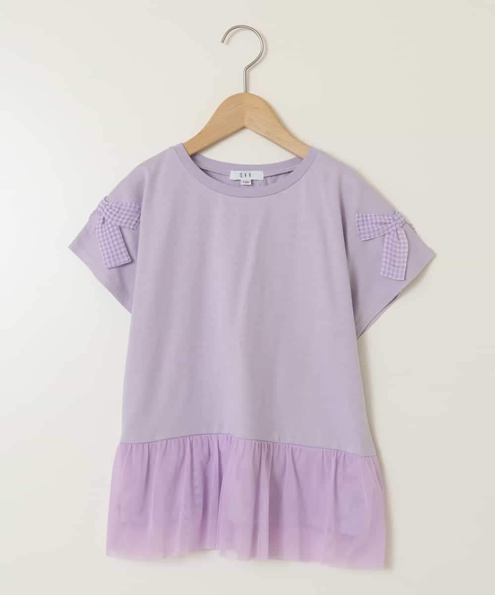 KJKFA06024 a.v.v KIDS(アー・ヴェ・ヴェ) [110-130]チュールドッキングリボンTシャツ ラベンダー