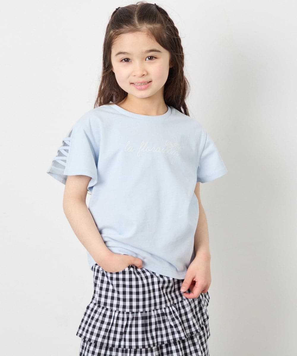 KJKFD07016 a.v.v KIDS(アー・ヴェ・ヴェ) [120-160]レースアップスリーブTシャツ ライトブルー