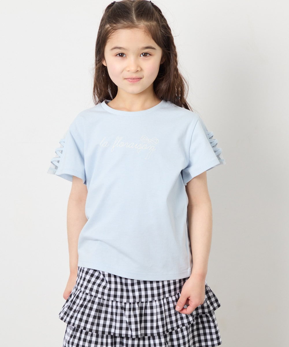 KJKFD07016 a.v.v KIDS(アー・ヴェ・ヴェ) [120-160]レースアップスリーブTシャツ ライトブルー