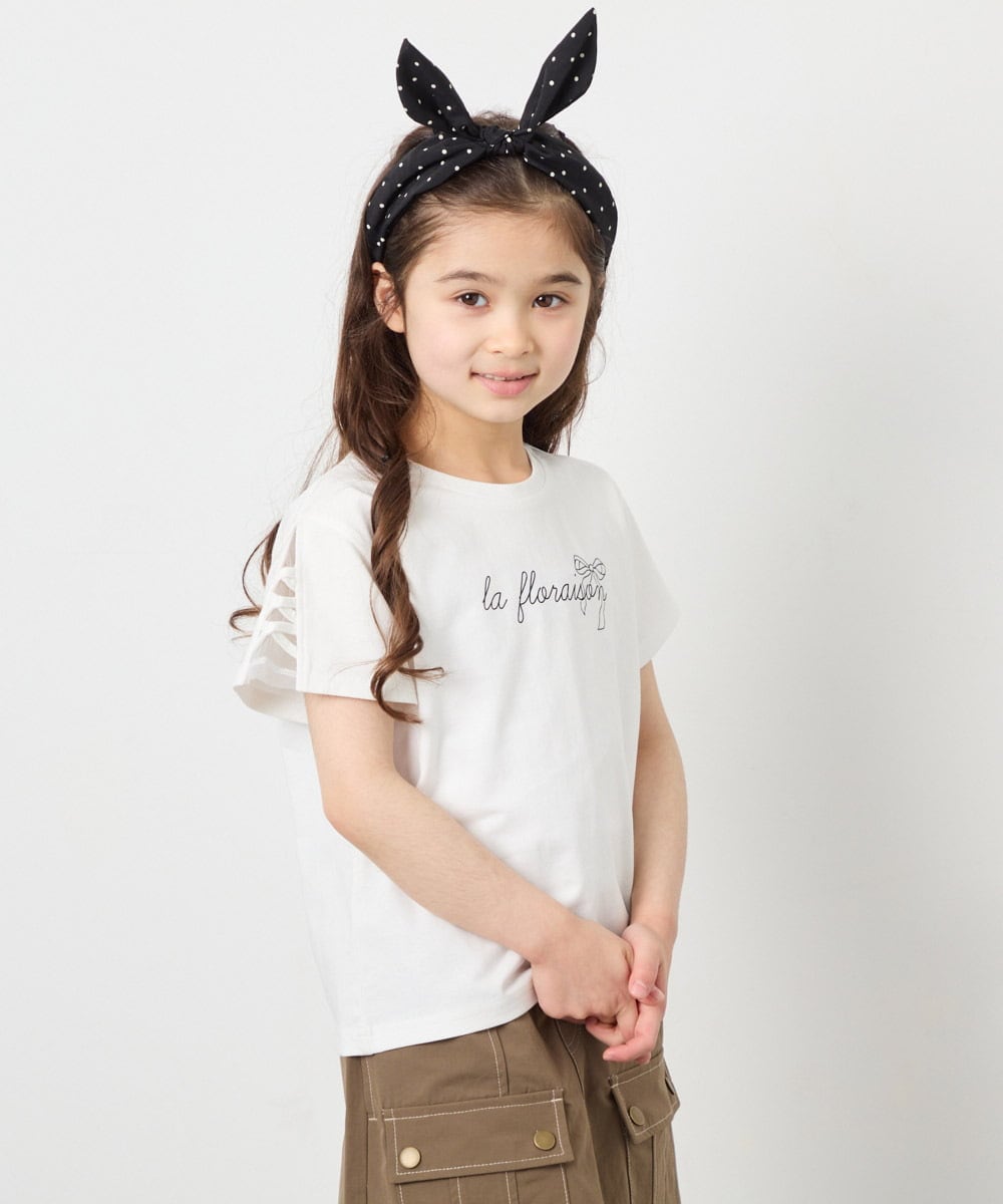 KJKFD07016 a.v.v KIDS(アー・ヴェ・ヴェ) [120-160]レースアップスリーブTシャツ ホワイト