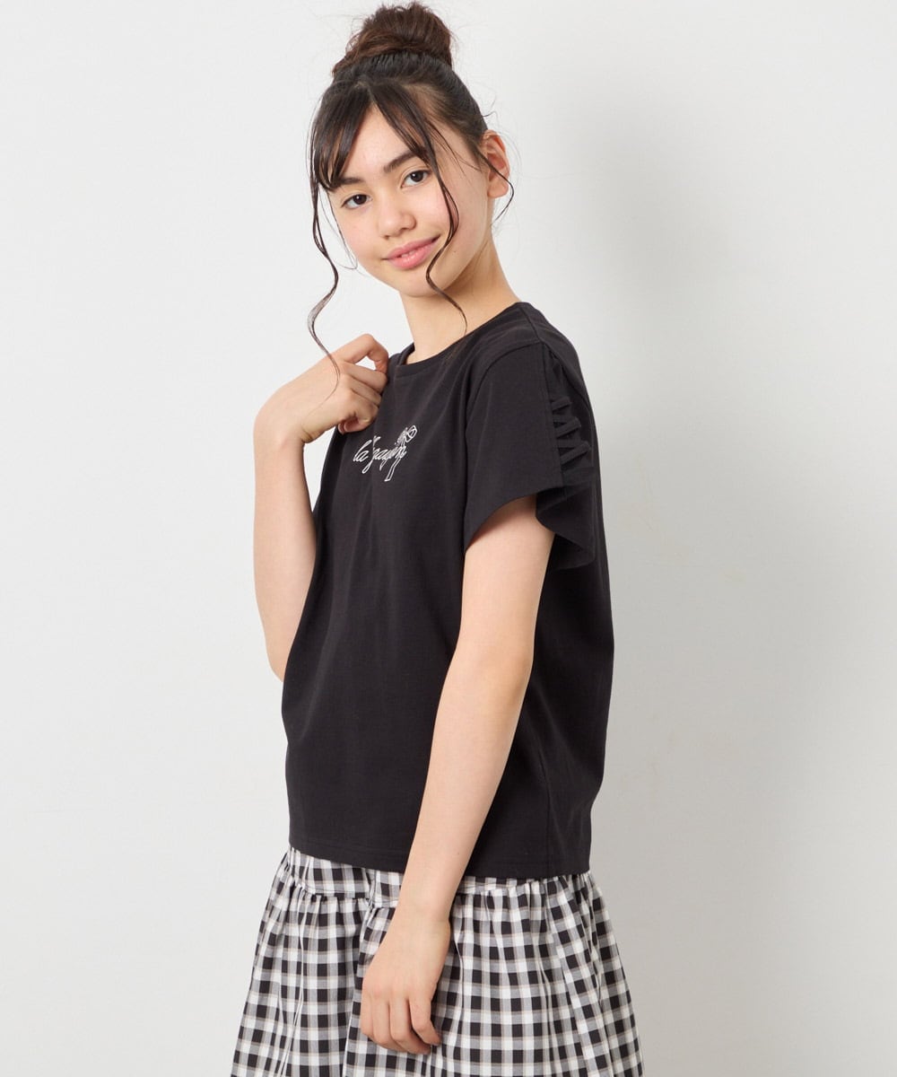 KJKFD07016 a.v.v KIDS(アー・ヴェ・ヴェ) [120-160]レースアップスリーブTシャツ ブラック