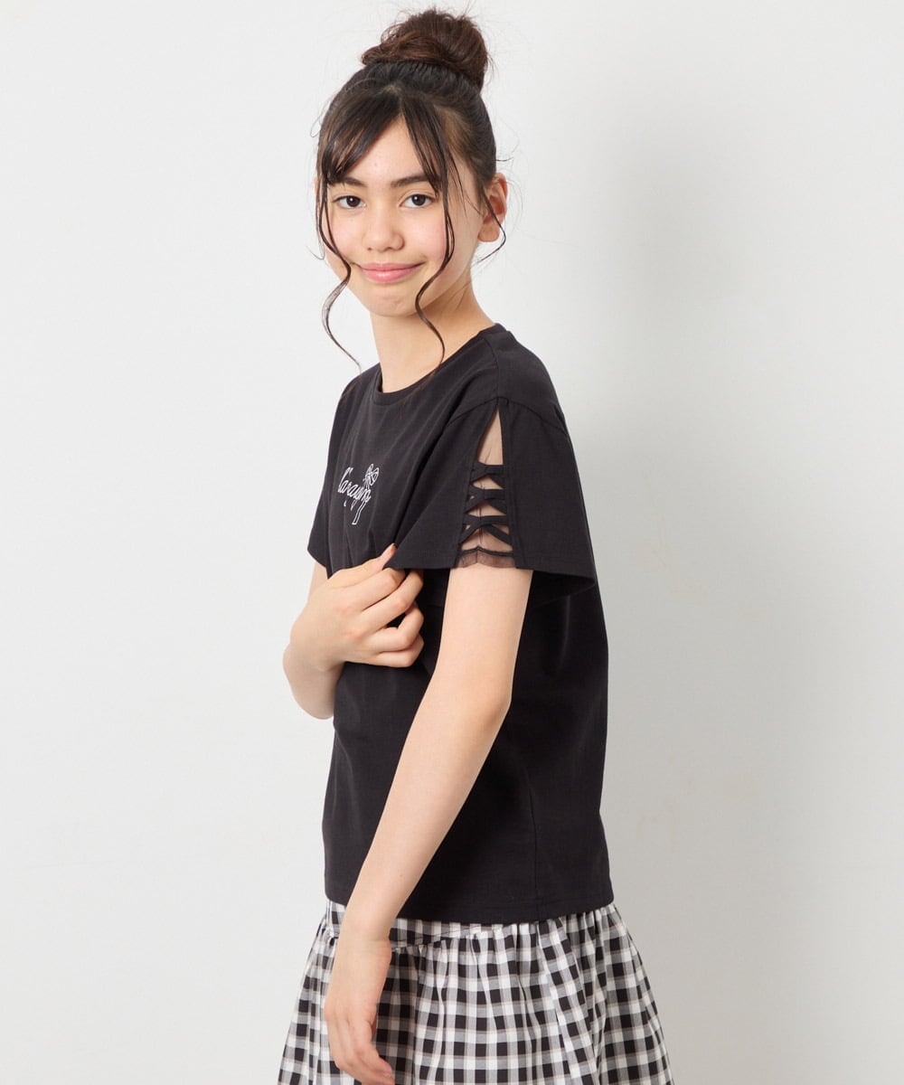 KJKFD07016 a.v.v KIDS(アー・ヴェ・ヴェ) [120-160]レースアップスリーブTシャツ ブラック