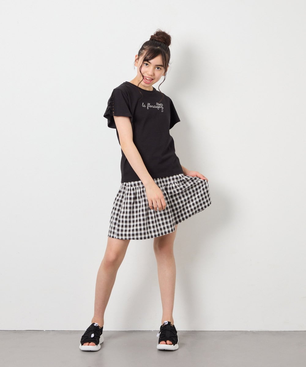 KJKFD07016 a.v.v KIDS(アー・ヴェ・ヴェ) [120-160]レースアップスリーブTシャツ ブラック