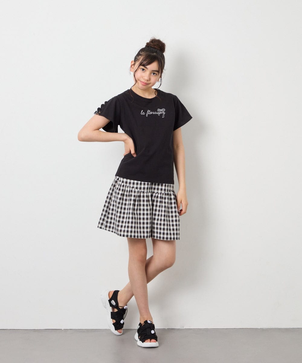 KJKFD07016 a.v.v KIDS(アー・ヴェ・ヴェ) [120-160]レースアップスリーブTシャツ ブラック