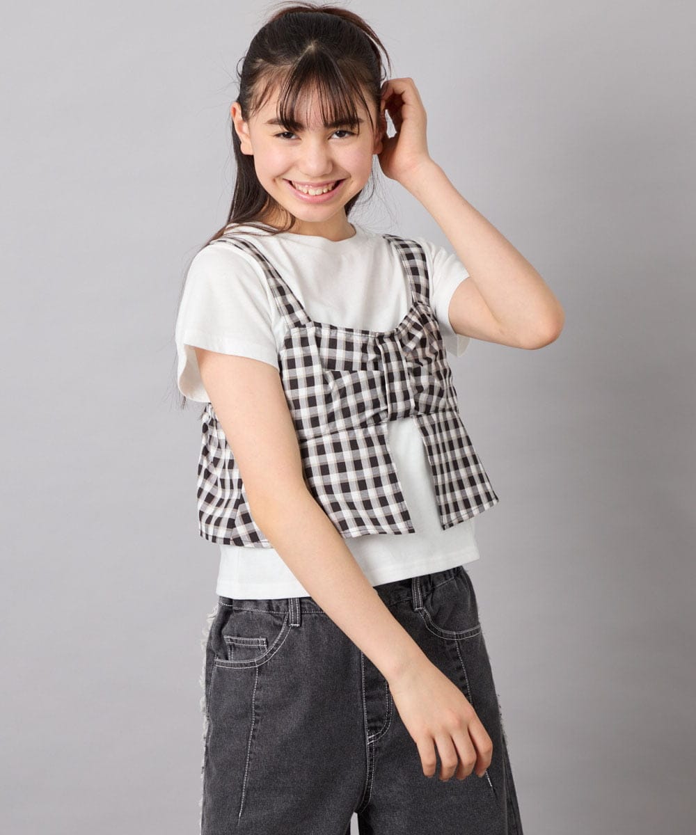 KJKFD59039 a.v.v KIDS(アー・ヴェ・ヴェ) [120-160][ママとお揃いコーデが叶う]リボンビスチェドッキングTシャツ ブラック