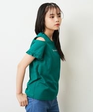 KJKFP52019 a.v.v KIDS(アー・ヴェ・ヴェ) [100-130]【接触冷感/毛玉になりにくい/らく～るTEE】袖フリルオフショルダーロゴTシャツ グリーン