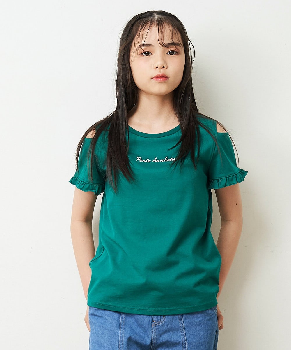 KJKFP52019 a.v.v KIDS(アー・ヴェ・ヴェ) [100-130]【接触冷感/毛玉になりにくい/らく～るTEE】袖フリルオフショルダーロゴTシャツ ブラック