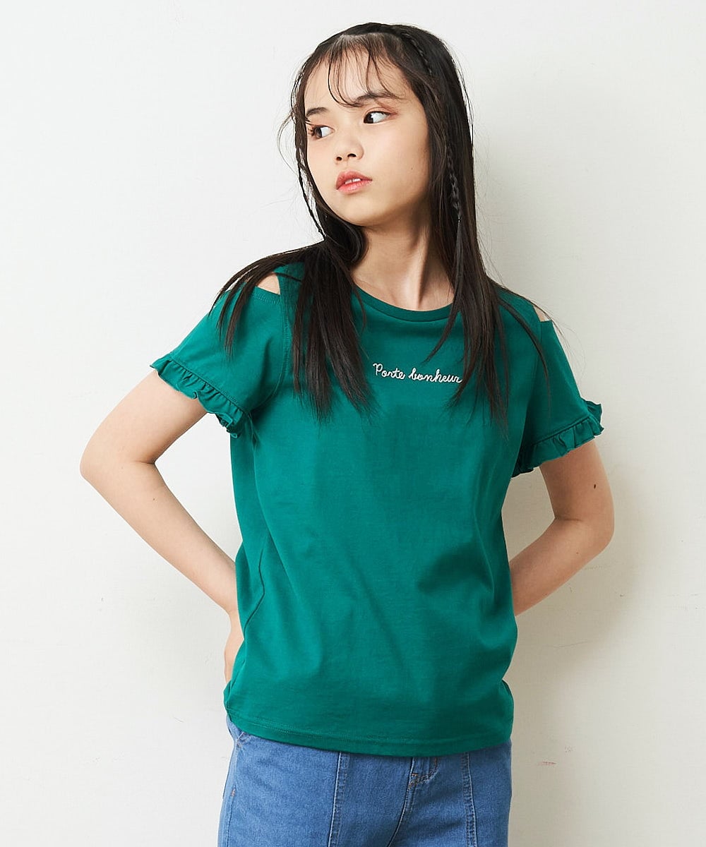 KJKFP52019 a.v.v KIDS(アー・ヴェ・ヴェ) [100-130]【接触冷感/毛玉になりにくい/らく～るTEE】袖フリルオフショルダーロゴTシャツ ブラック