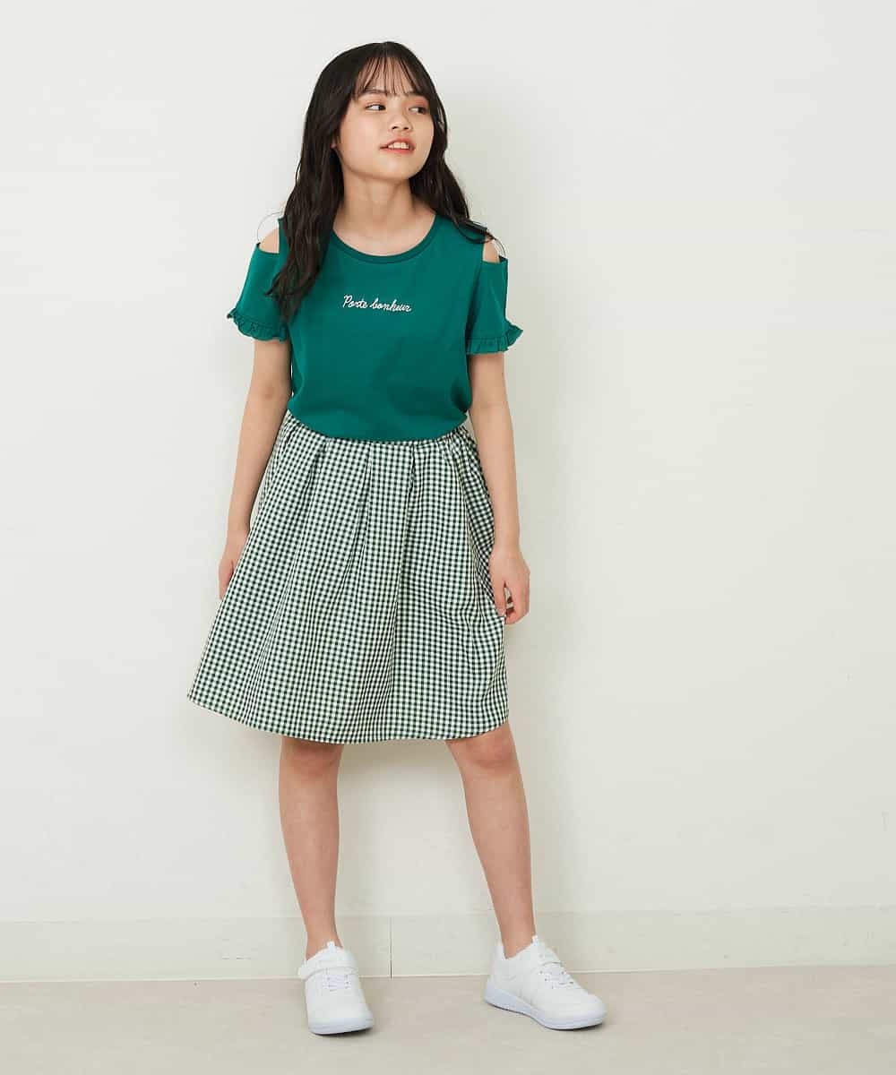KJKFP52019 a.v.v KIDS(アー・ヴェ・ヴェ) [100-130]【接触冷感/毛玉になりにくい/らく～るTEE】袖フリルオフショルダーロゴTシャツ ブラック
