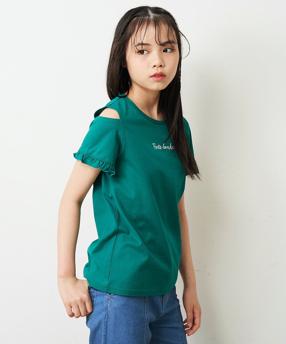 KJKFR52029 a.v.v KIDS(アー・ヴェ・ヴェ) [160]【接触冷感/毛玉になりにくい/らく～るTEE】袖フリルオフショルダーTシャツ グリーン