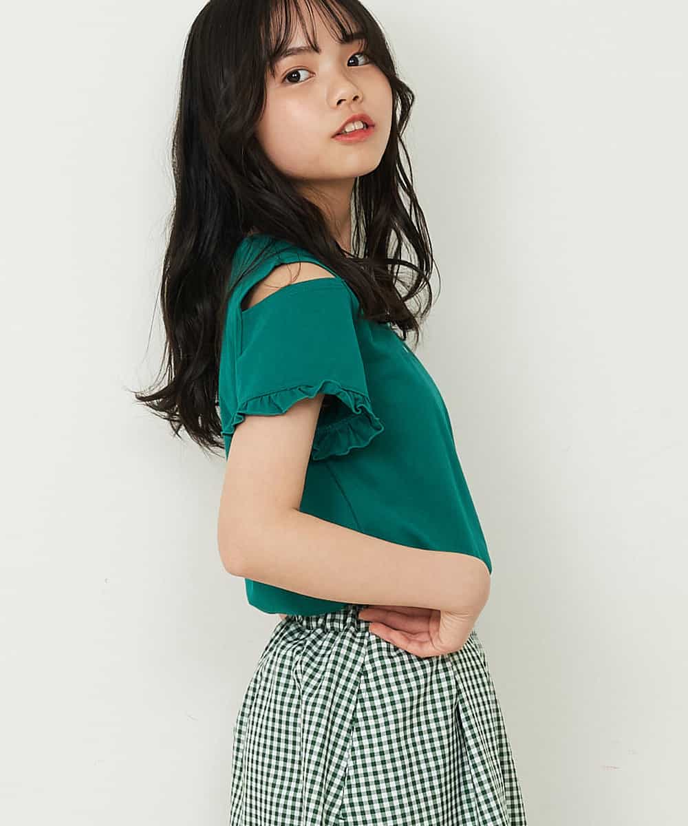 KJKFR52029 a.v.v KIDS(アー・ヴェ・ヴェ) [160]【接触冷感/毛玉になりにくい/らく～るTEE】袖フリルオフショルダーTシャツ グリーン