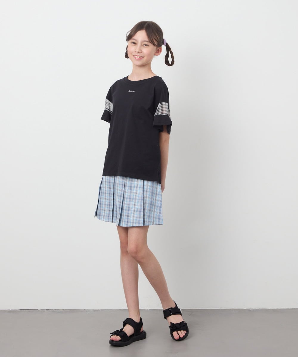 KJKGA23016 a.v.v KIDS(アー・ヴェ・ヴェ) [100-130]シアーギンガムキリカエスリーブＴシャツ ピンク