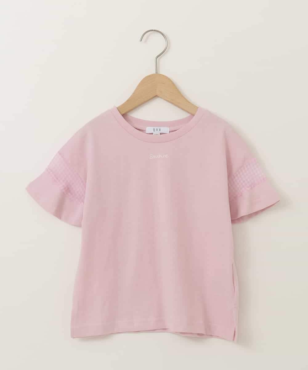 KJKGA23016 a.v.v KIDS(アー・ヴェ・ヴェ) [100-130]シアーギンガムキリカエスリーブＴシャツ ピンク