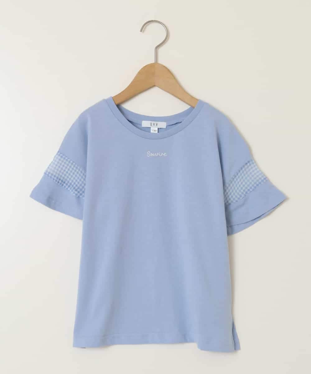 KJKGA23016 a.v.v KIDS(アー・ヴェ・ヴェ) [100-130]シアーギンガムキリカエスリーブＴシャツ ライトブルー