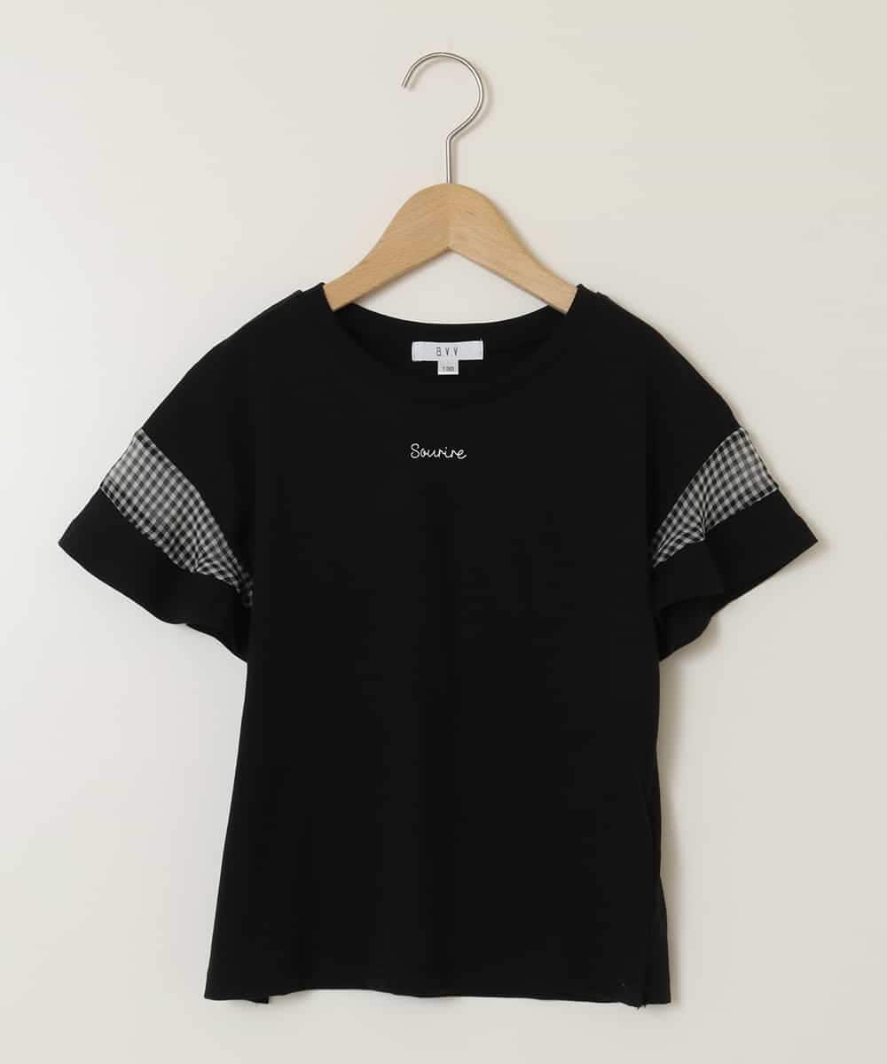 KJKGA23016 a.v.v KIDS(アー・ヴェ・ヴェ) [100-130]シアーギンガムキリカエスリーブＴシャツ ブラック