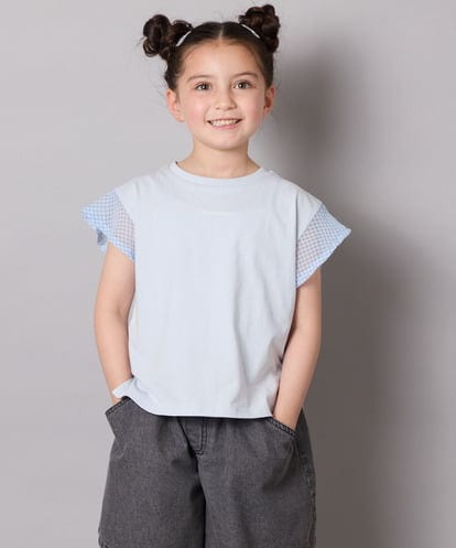 KJKGA24019 a.v.v KIDS [100-160]【接触冷感】シアーギンガムフレアスリーブＴシャツ