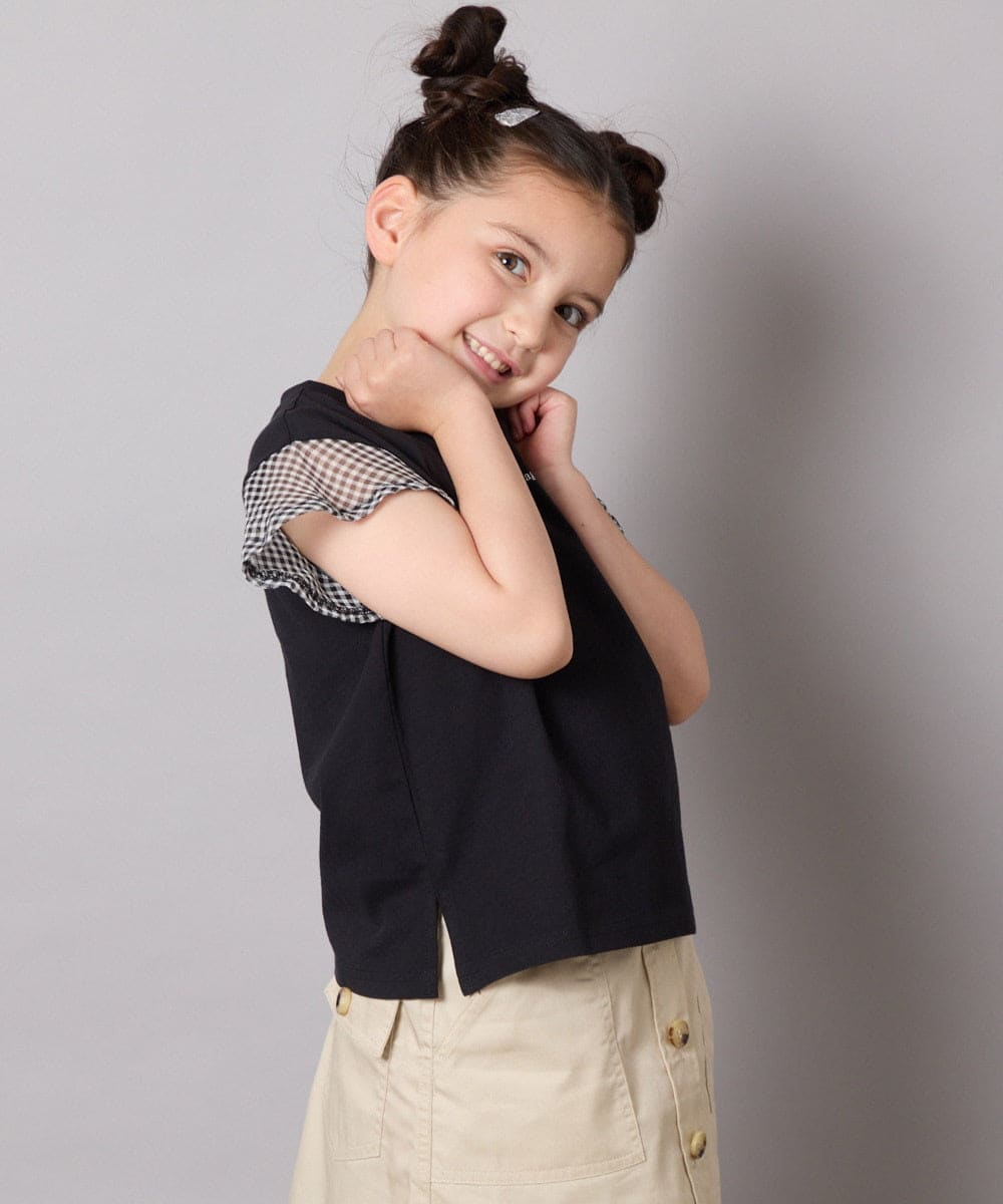 KJKGA24019 a.v.v KIDS(アー・ヴェ・ヴェ) [100-160]【接触冷感】シアーギンガムフレアスリーブＴシャツ ライトブルー