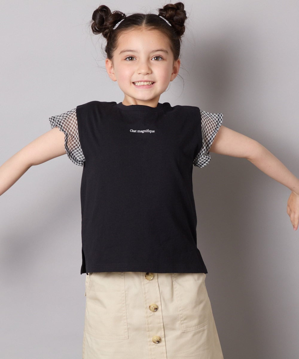 KJKGA24019 a.v.v KIDS(アー・ヴェ・ヴェ) [100-160]【接触冷感】シアーギンガムフレアスリーブＴシャツ ライトブルー