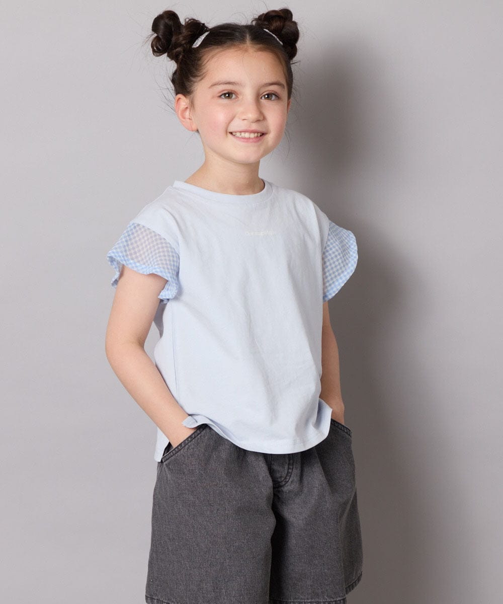 KJKGA24019 a.v.v KIDS(アー・ヴェ・ヴェ) [100-160]【接触冷感】シアーギンガムフレアスリーブＴシャツ ライトブルー