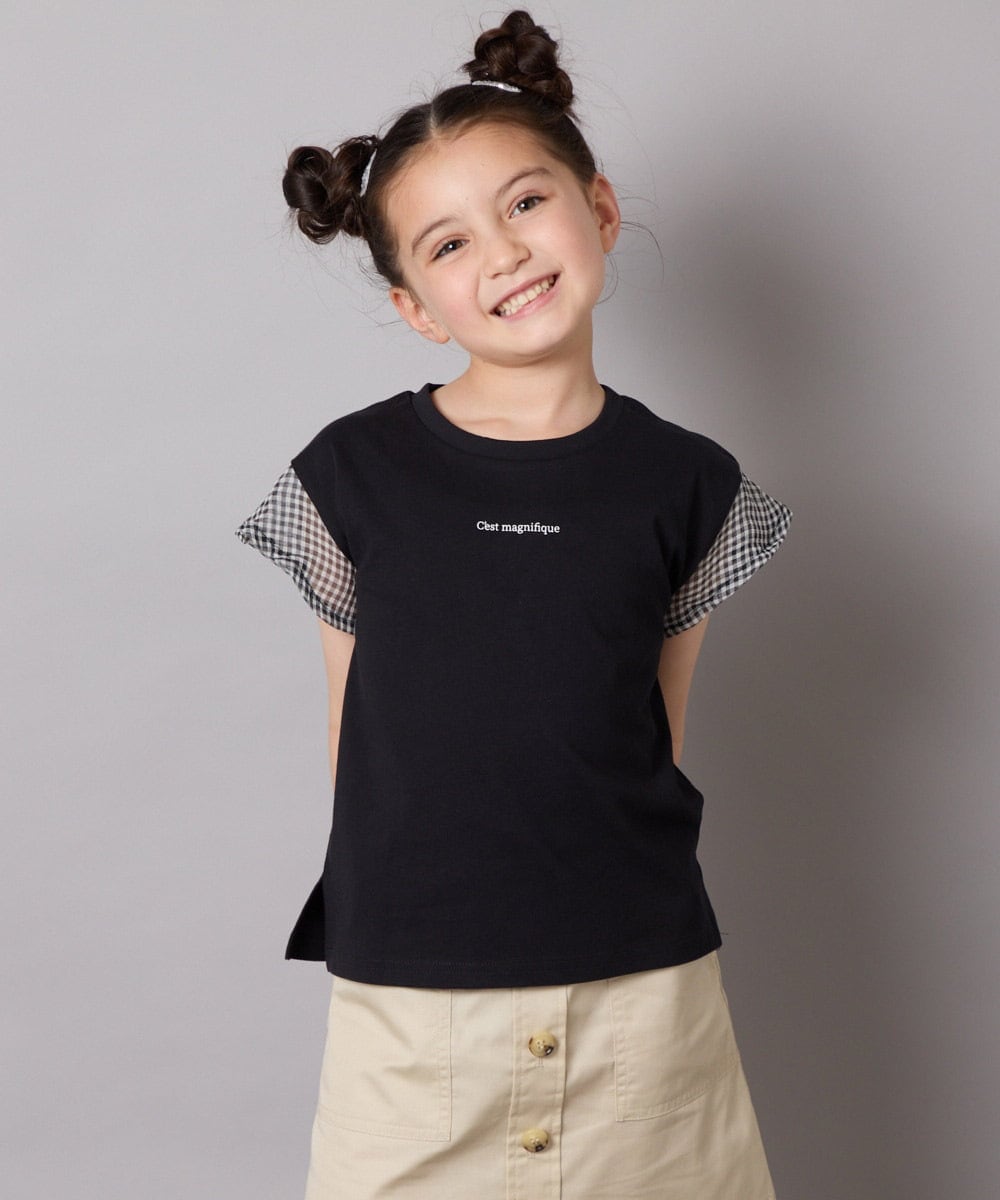 KJKGA24019 a.v.v KIDS(アー・ヴェ・ヴェ) [100-160]【接触冷感】シアーギンガムフレアスリーブＴシャツ ライトブルー