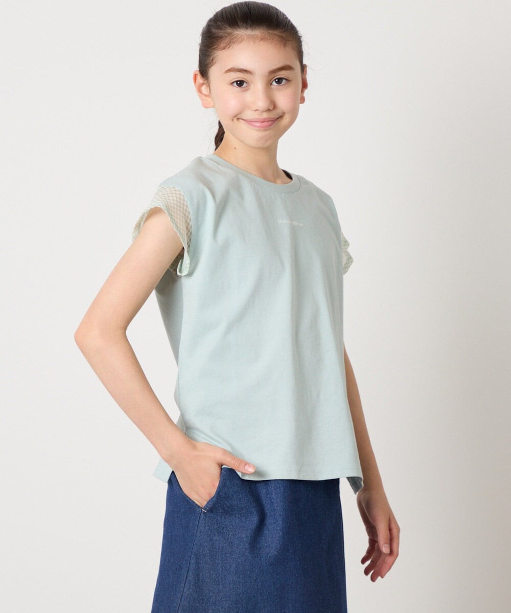 KJKGA24019 a.v.v KIDS(アー・ヴェ・ヴェ) [100-160]【接触冷感】シアーギンガムフレアスリーブＴシャツ ライトブルー