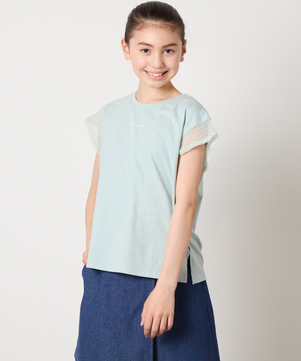 KJKGA24019 a.v.v KIDS(アー・ヴェ・ヴェ) [100-160]【接触冷感】シアーギンガムフレアスリーブＴシャツ ライトブルー