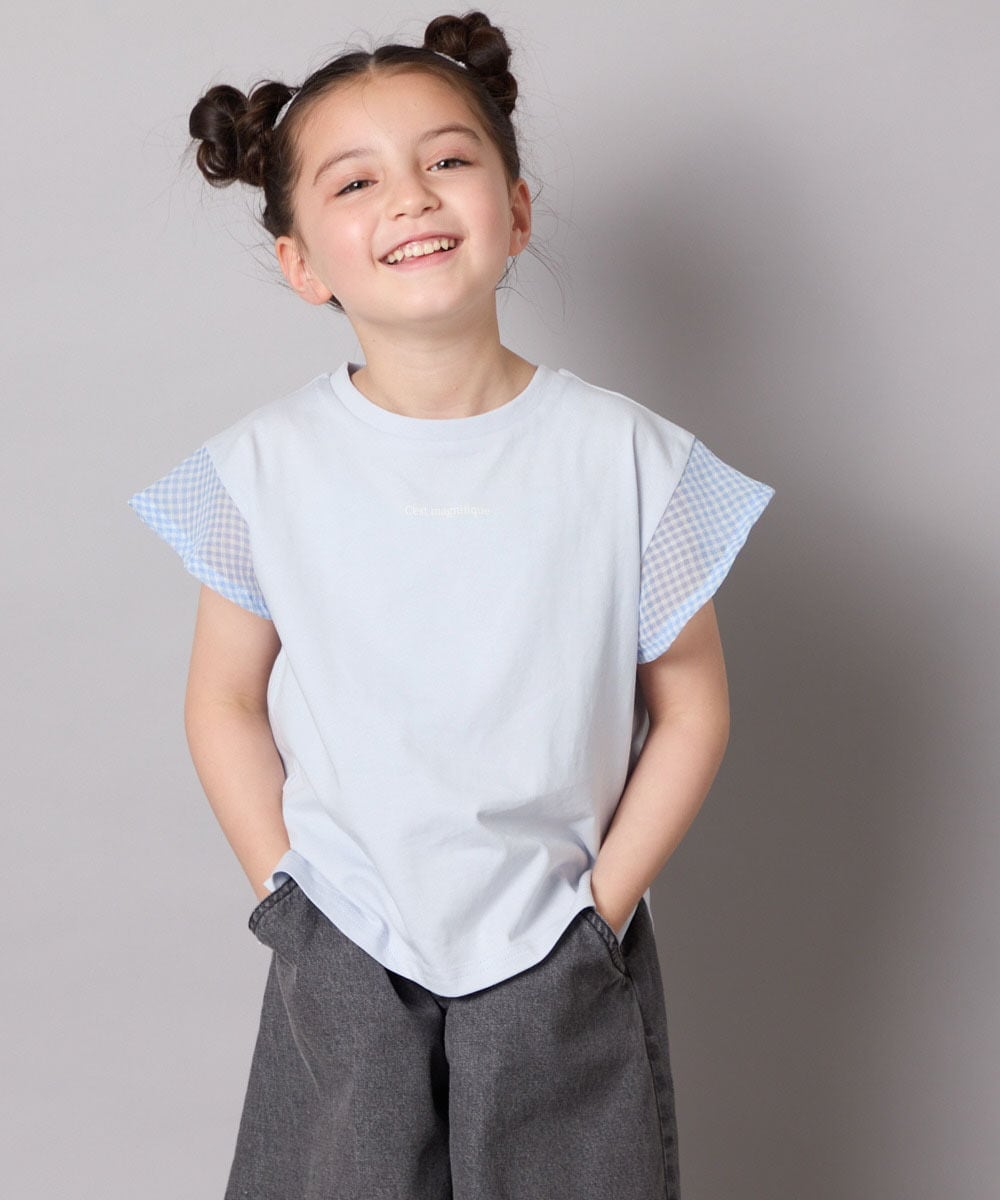 KJKGA24019 a.v.v KIDS(アー・ヴェ・ヴェ) [100-160]【接触冷感】シアーギンガムフレアスリーブＴシャツ ライトブルー